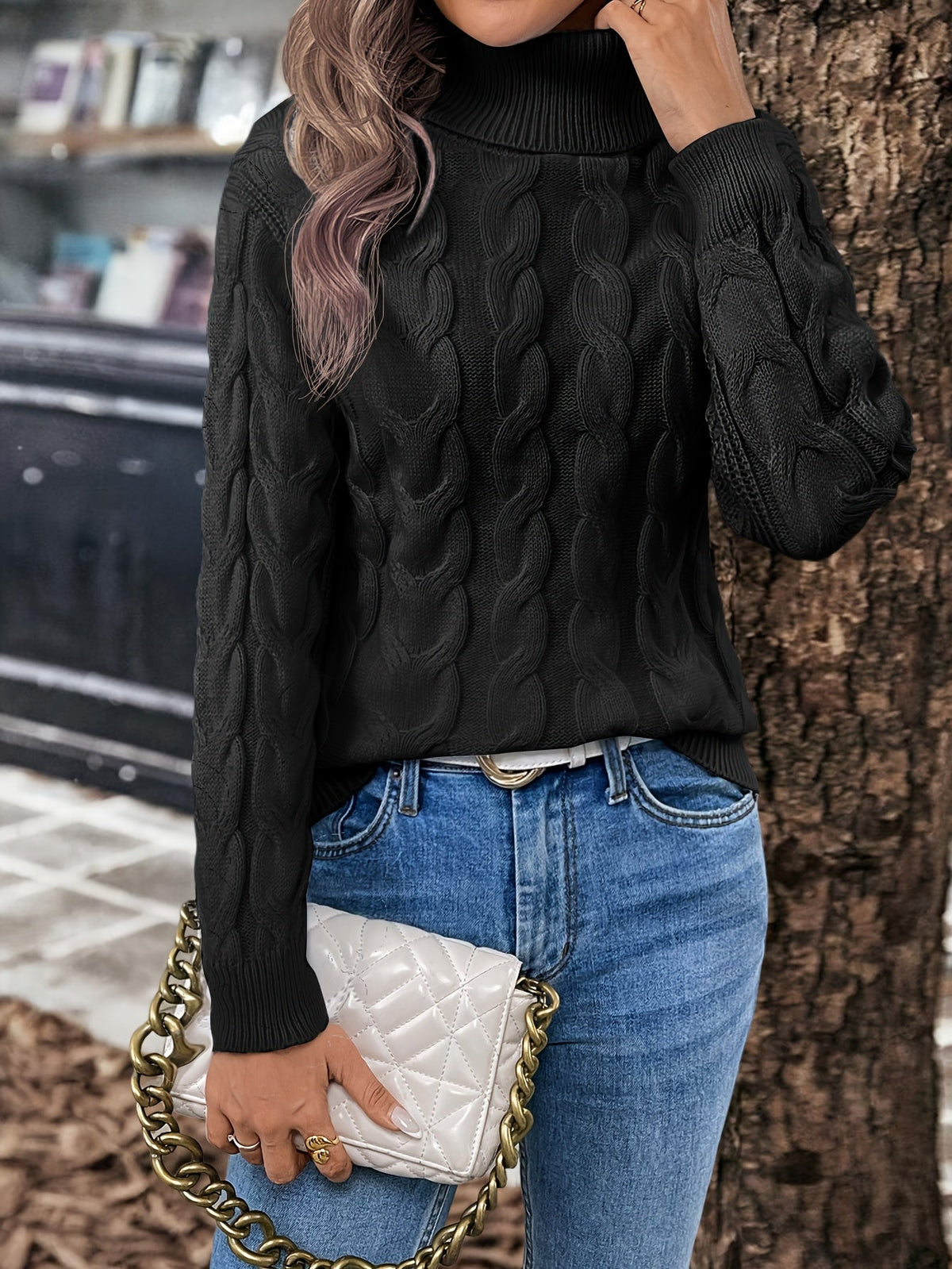 Cable Knit Turtleneck Sweater with Relaxed Fit and High Roll Neck