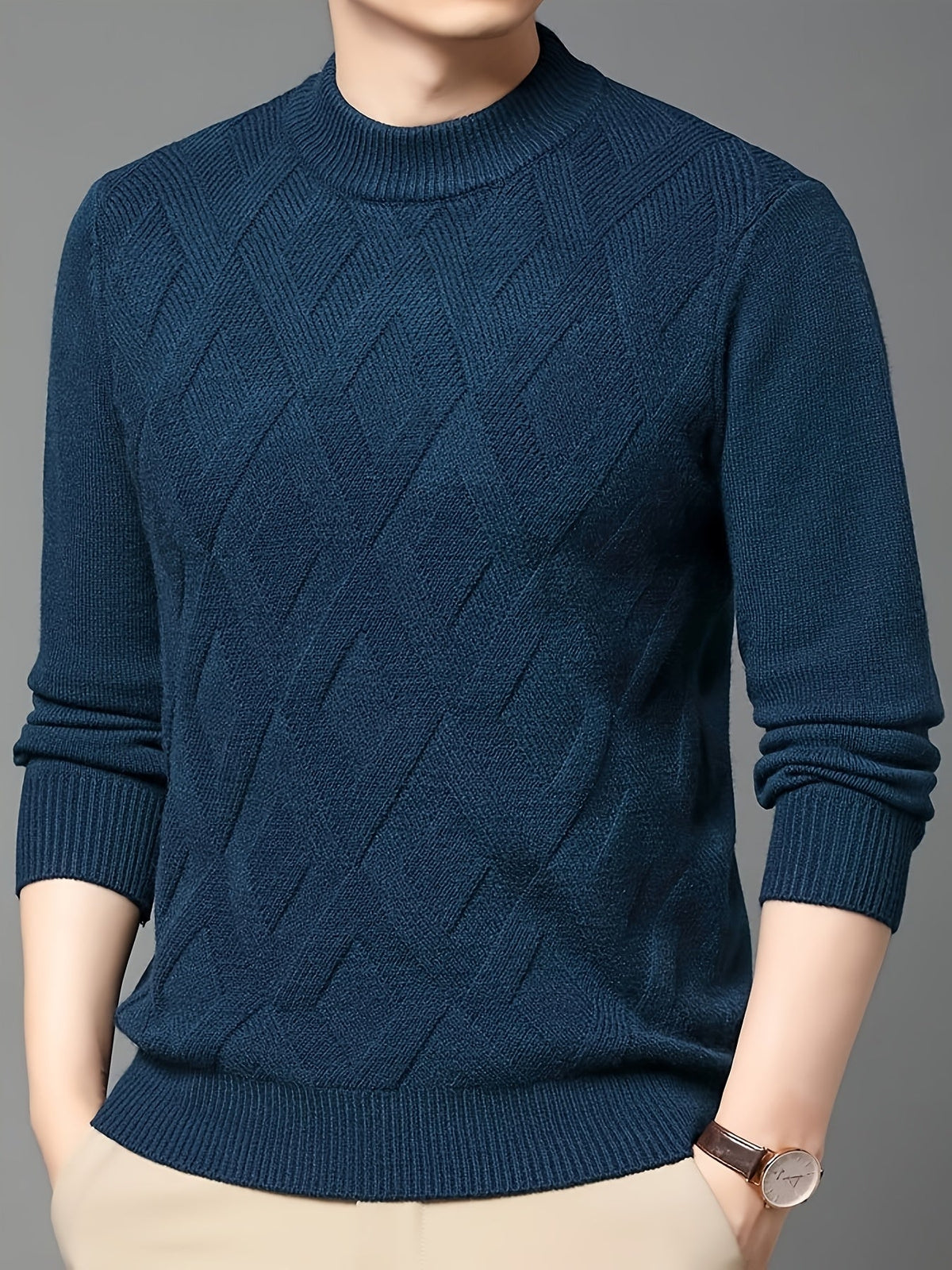 Mock Neck Sweater with Diagonal Knit Texture and Ribbed Collar