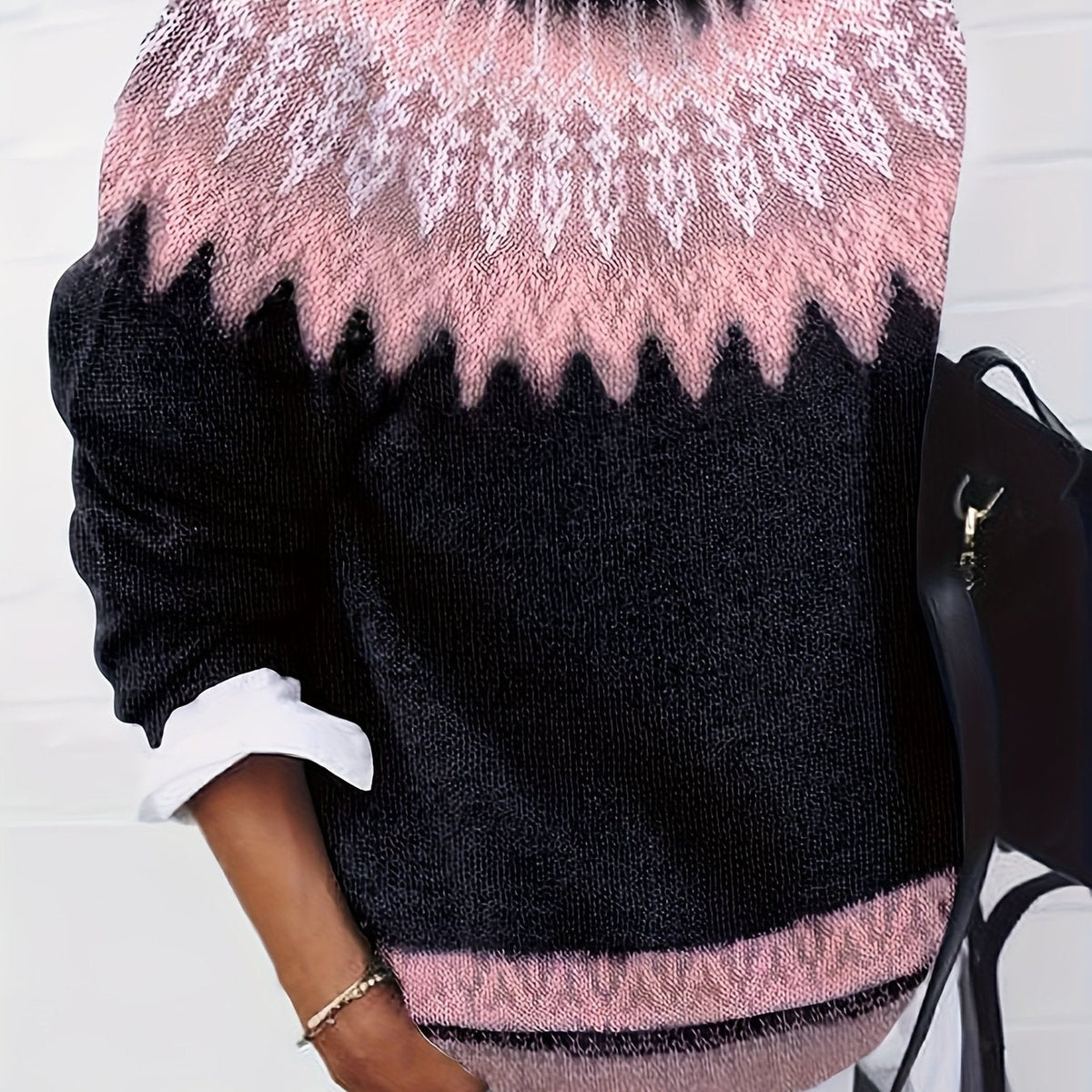 Chunky Jacquard Knit Sweater with Round Neck and Ribbed Cuffs, Hip Length