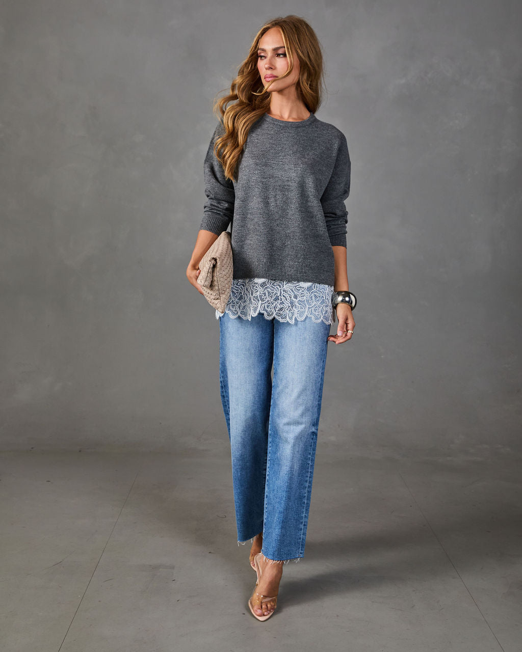 Womens Knit Sweater with Contrast Lace Hem and Ribbed Trim