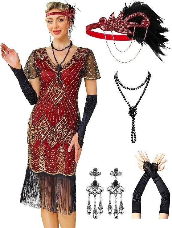 Womens Flapper 1920s Dress, Great Gatsby Roaring 20s Costume, Beaded Sheer Sleeves with Accessories