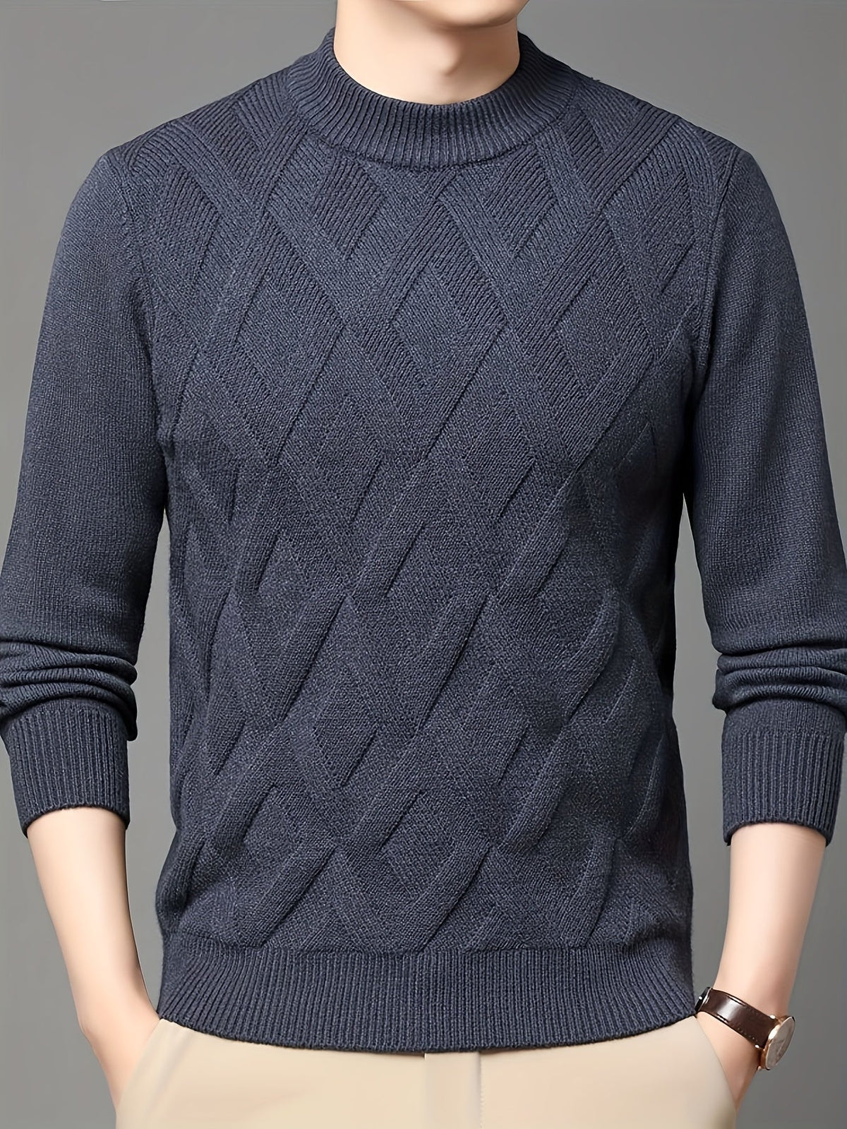 Mock Neck Sweater with Diagonal Knit Texture and Ribbed Collar