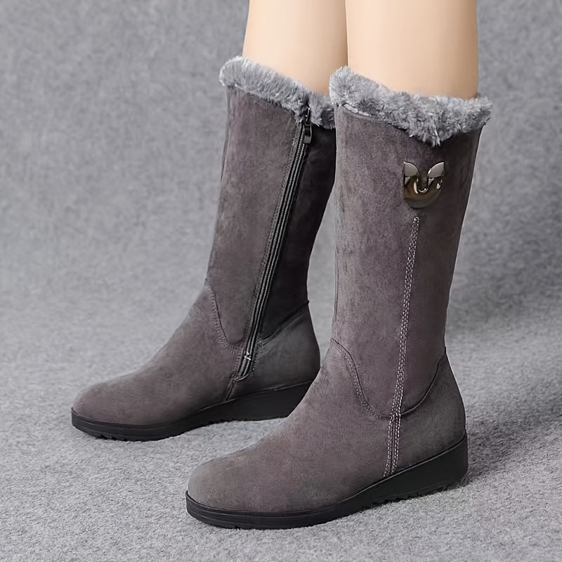 Mid Calf Winter Boots with Anti Slip Sole and Plush Lining, Slip On