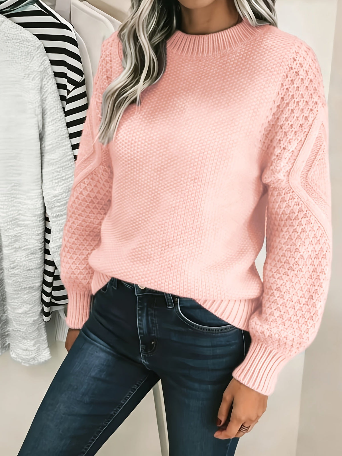 Textured Knit Pullover with Lantern Sleeves and Ribbed Neckline