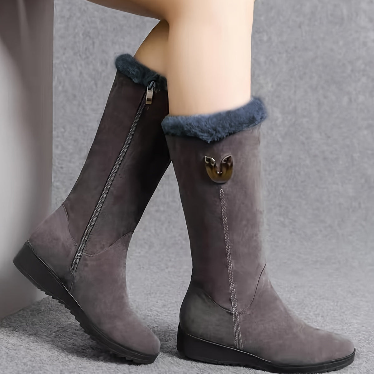 Mid Calf Winter Boots with Anti Slip Sole and Plush Lining, Slip On