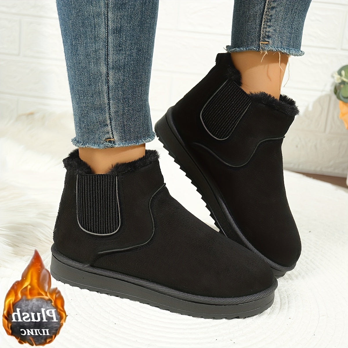 Platform Ankle Boots with Elastic Side Panels and Plush Lining, Textured Grip Sole