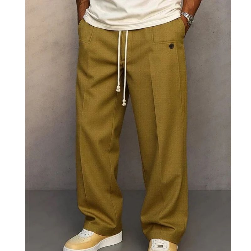 Mens Elegant Wide Leg Pants, Vintage Casual Straight Trousers, Loose Fit Drawstring Pleated Trousers with Pockets