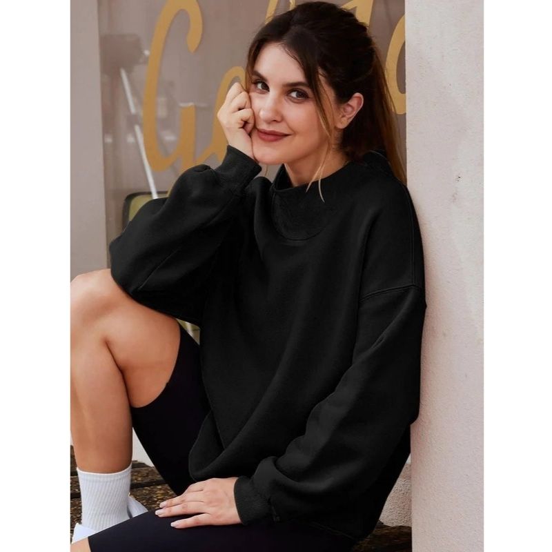Womens Mock Neck Oversized Fleece Sweatshirt - Soft Long Sleeve Pullover