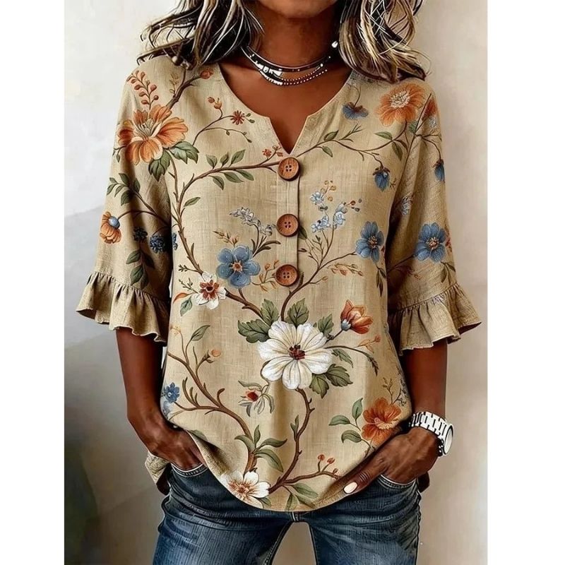 Womens Floral Print Linen Blouse, Vintage V Neck Sleeve Shirt, Casual Ruffle Cuff Button Down Tops