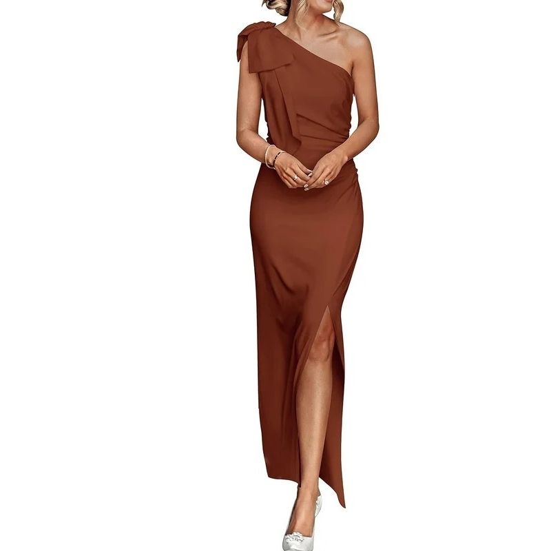 Womens One Shoulder Maxi Dress, Ruched Bodycon Wedding Guest and Formal Dress