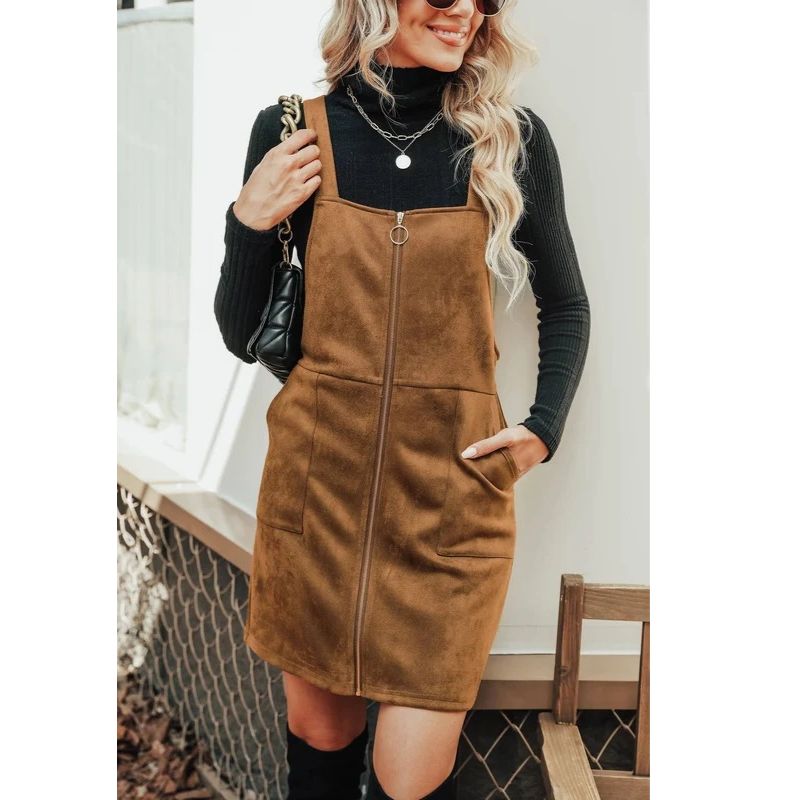 Womens Faux Suede Mini Fall Dress, Square Neck Wide Strap Casual Autumn Dress with Front Pockets