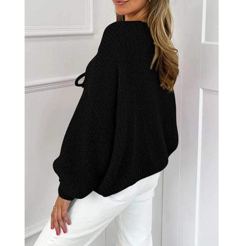 Womens Tie Front Bow Cardigan Sweater, Cozy Chunky Knit Long Puff Sleeve Open Front Sweater Jacket