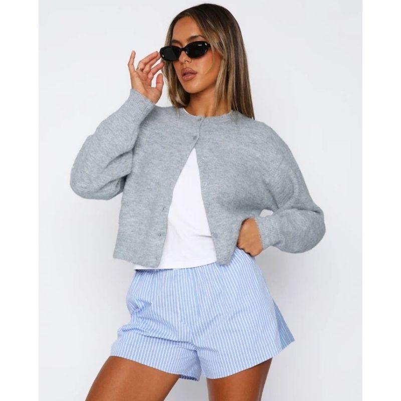 Womens Cropped Cardigan Sweaters, Crew Neck Long Sleeve Button Up Lightweight Knit