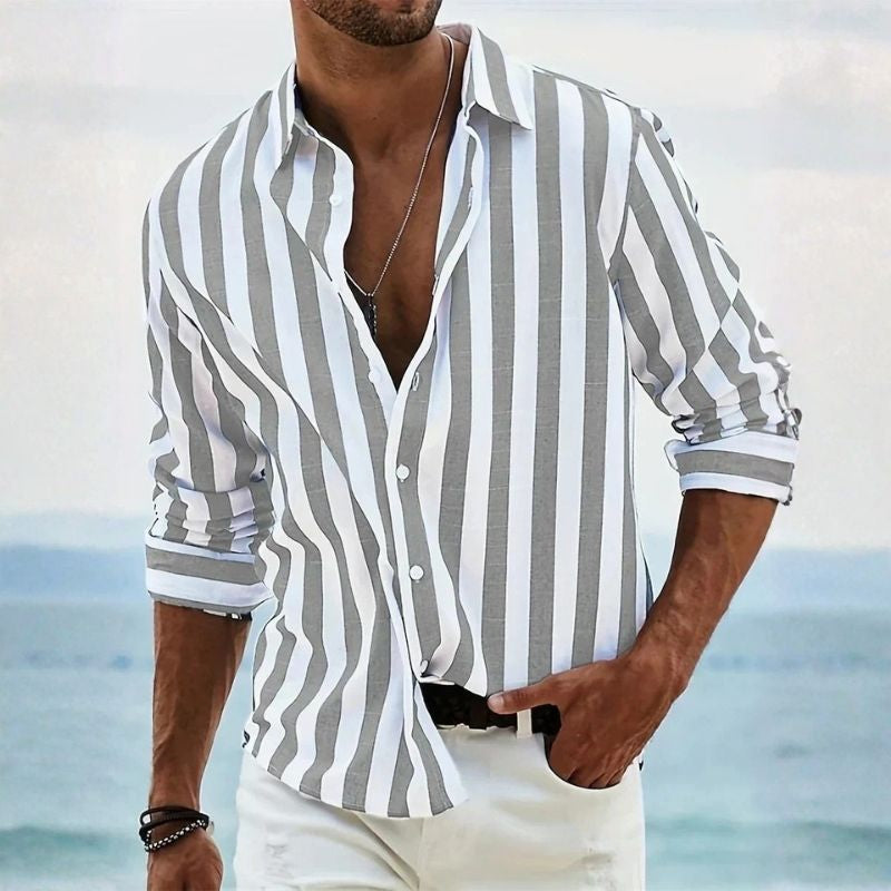Mens Vertical Striped Button Down Shirt, Lightweight Breathable Summer Shirt, Regular Fit Casual Shirt