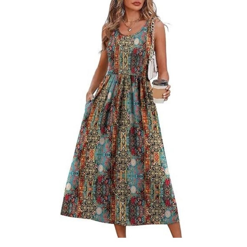 Womens Flowy Midi Dress, Casual Beach Vacation Sundress with Pockets