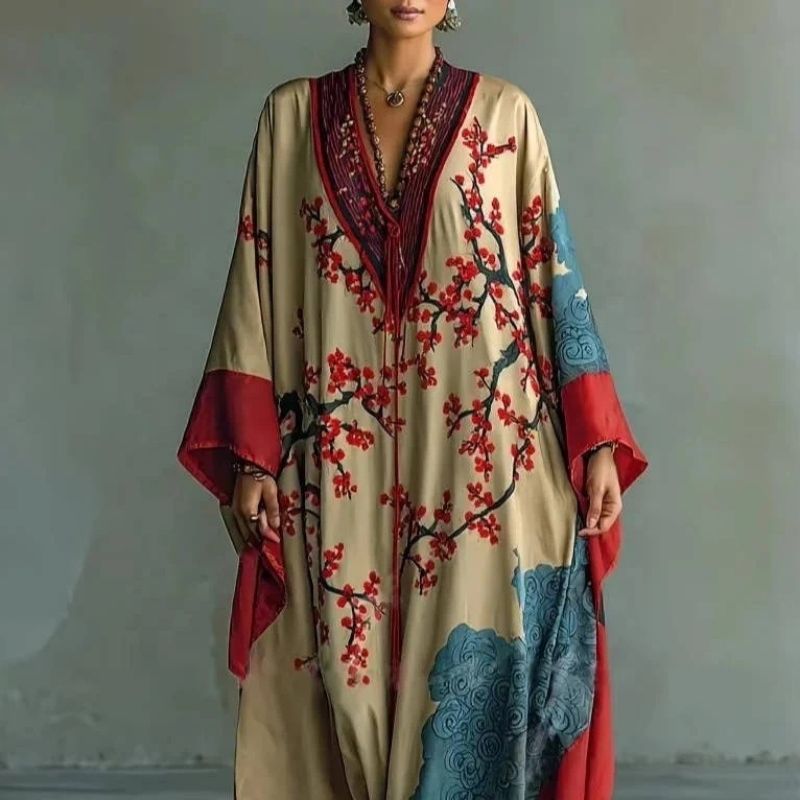 Moomoo Dresses for Women, Floral Print V Neck Batwing Sleeve Casual Flowy Maxi Dress