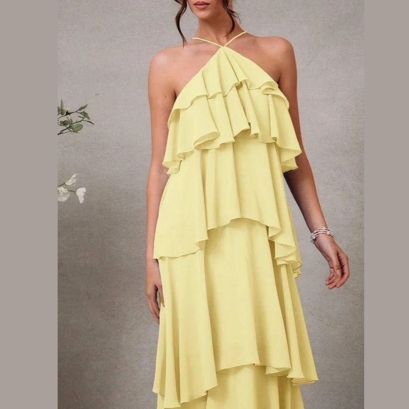 Womens Halter Backless Maxi Dress, Ruffle Layered Wedding Guest and Formal Dress