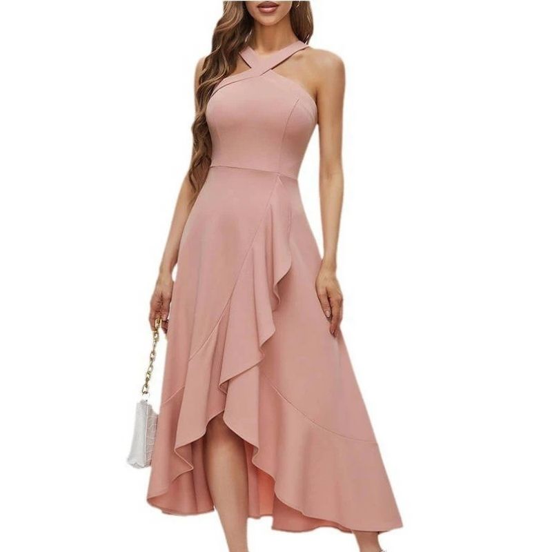Womens Halter Formal Dress, Ruffled Hi Lo Maxi Wedding Guest and Bridesmaid Dress