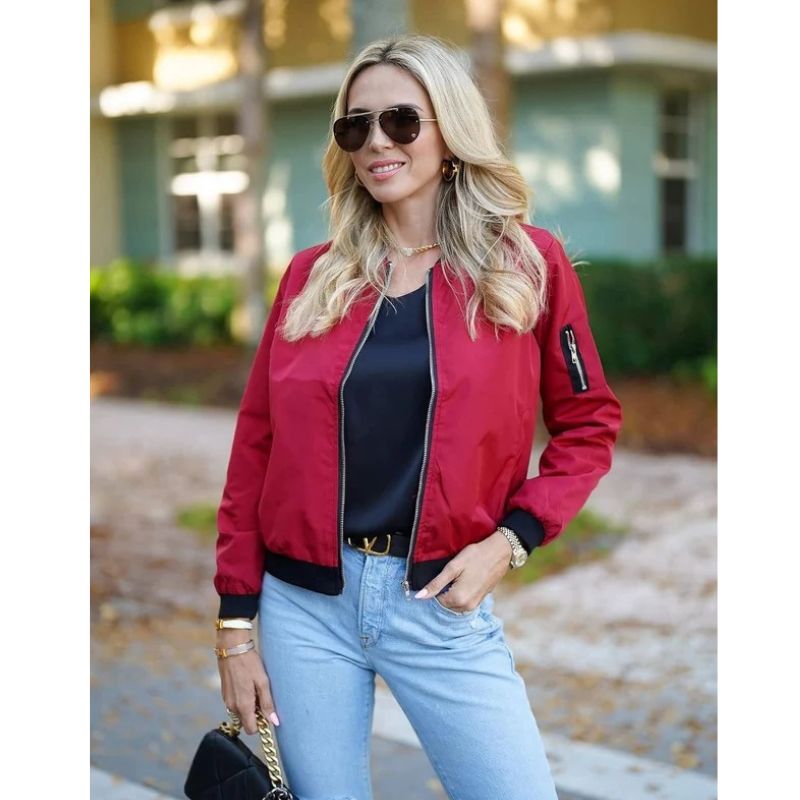 Womens Bomber Jacket, Zip Up Casual Coat with Pockets, Spring Fall Outerwear