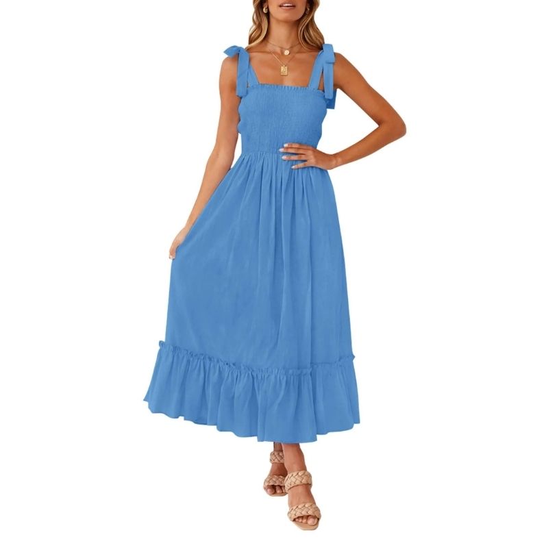 Womens Boho Maxi Dress, Square Neck Spaghetti Strap Ruffle a Line Beach Dress