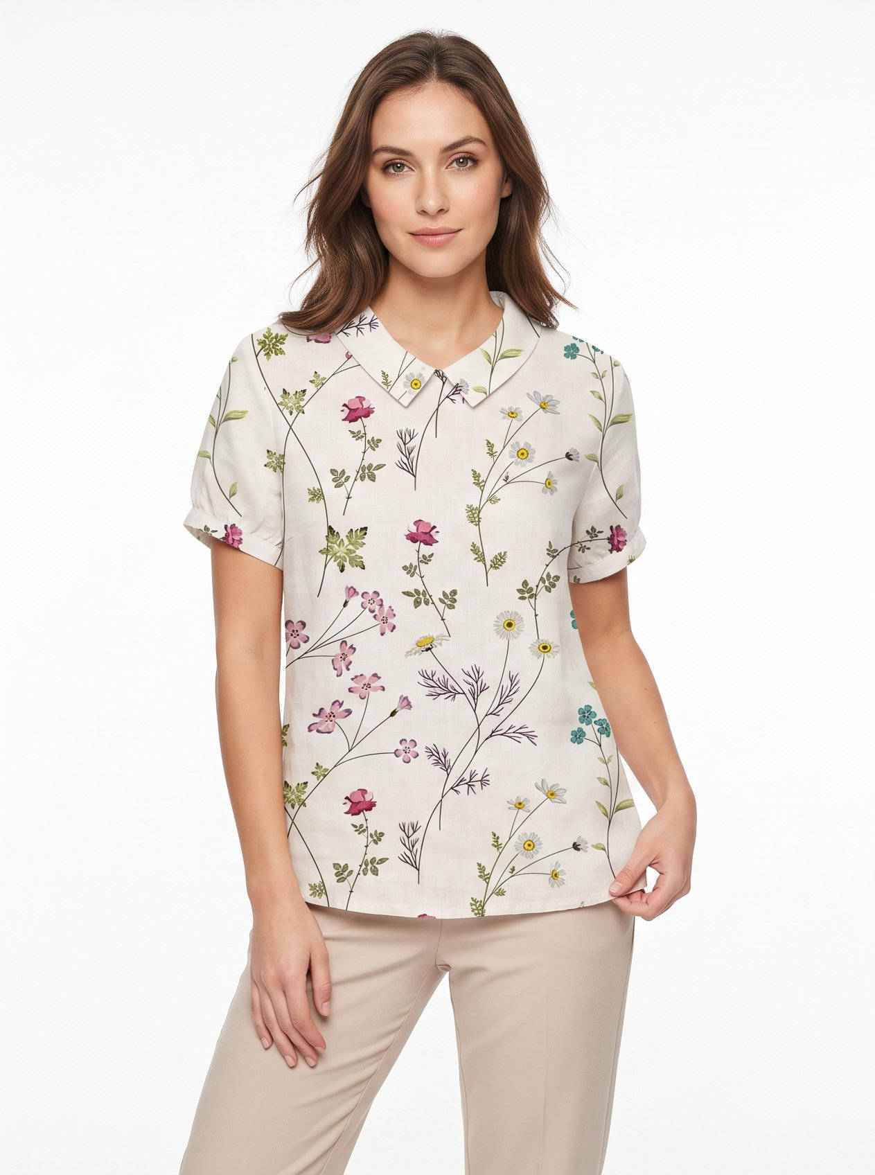 Women's Floral Print Linen Blouse, Vintage Peter Pan Collar Short Sleeve Shirt, Casual Lightweight Prairie Tops