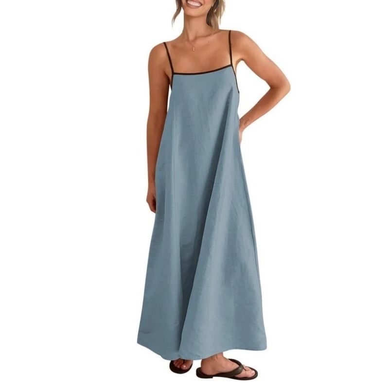 Womens Linen Maxi Dress, Contrast Spaghetti Strap Backless Summer Beach Dress