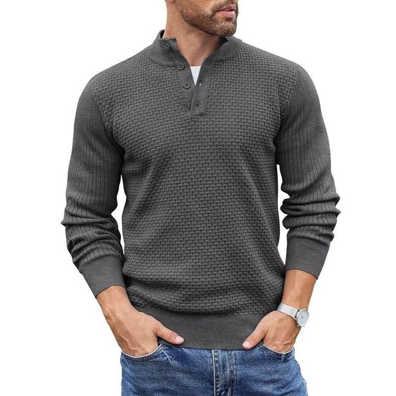 Mens Long Sleeve Henley Sweater, 4 Button Mock Neck Waffle Knit Pullover, Slim Fit Fall Winter Business Casual