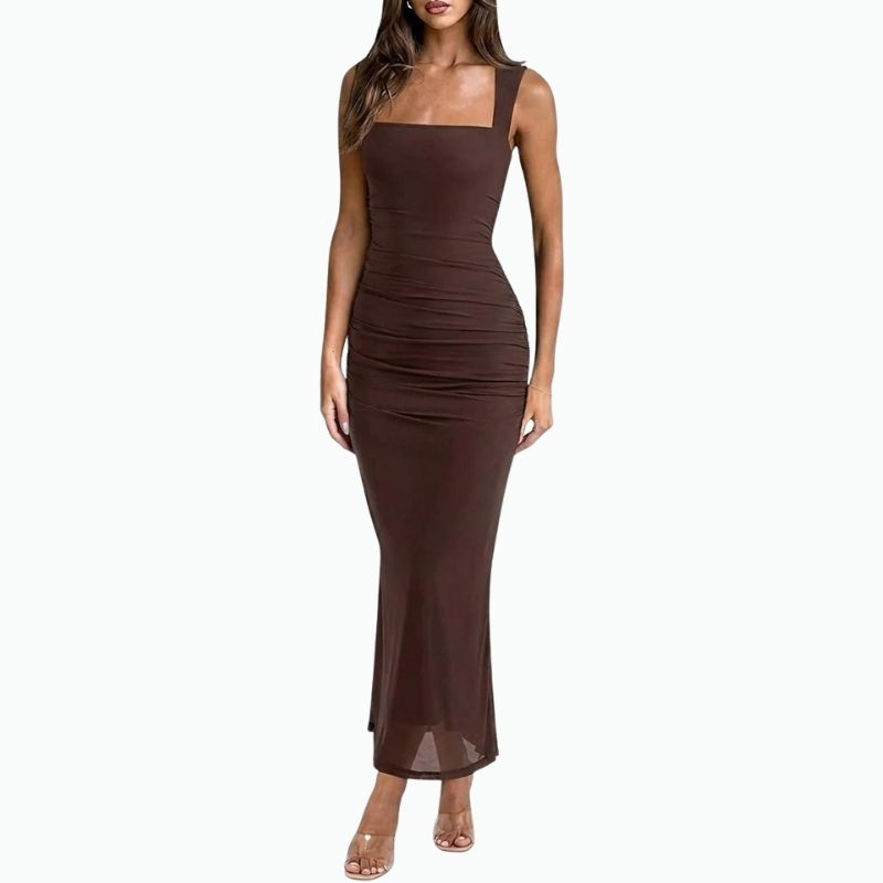 Womens Wedding Guest Maxi Dress, Sleeveless Square Neck Mesh Ruched Bodycon Dress
