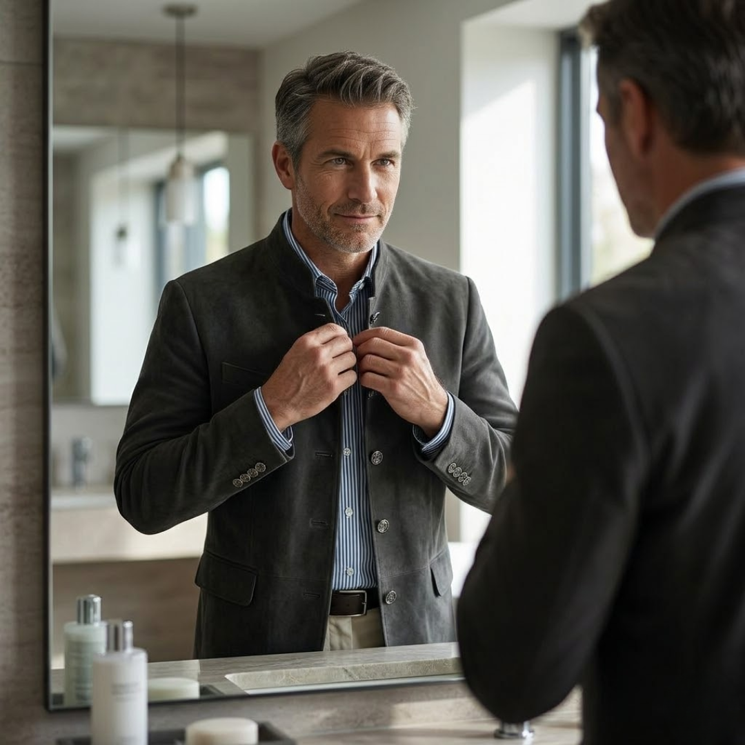 Mens Button Coat with Textured Fabric and Tailored Fit, Deep Front Pockets