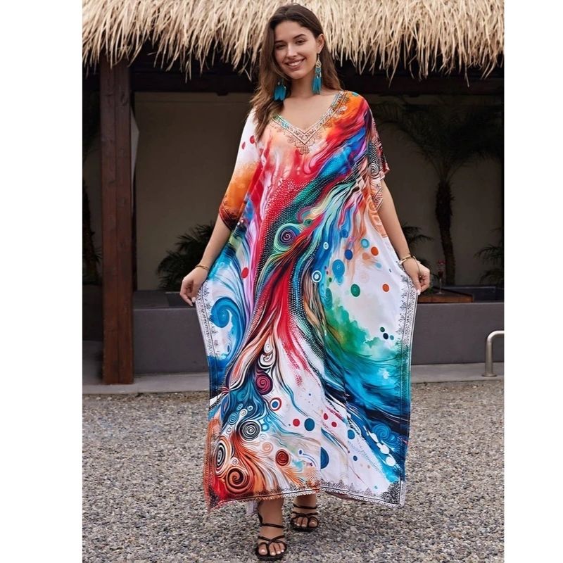 Moomoo Dresses for Women, Plus Size Loose Fit Moroccan Print V Neck Batwing Kaftan Beach Dress