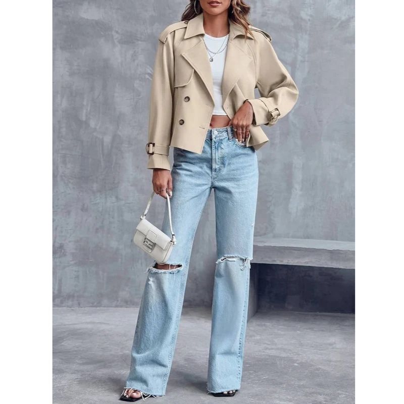 Womens Cropped Trench Coat, Double Breasted Short Jacket
