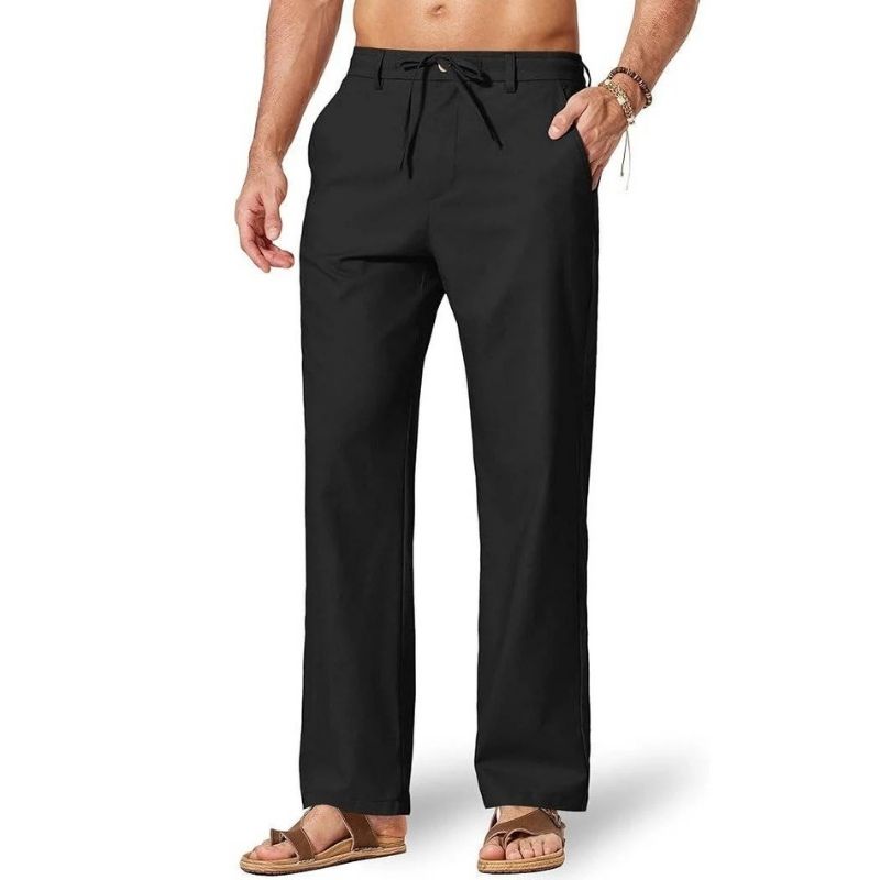 Mens Cotton Linen Pants, Relaxed Fit Drawstring Beach Summer Dress Trousers