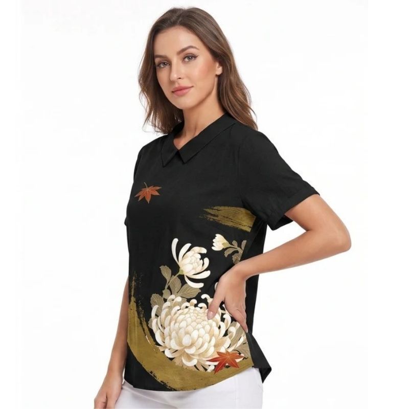 Womens Floral Print Linen Blouse, Vintage Peter Pan Collar Short Sleeve Shirt, Casual Lightweight Prairie Tops