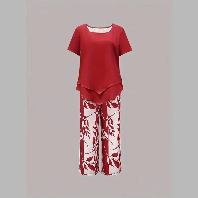 Womens Leaf Print Two Piece Set, Casual Short Sleeve Asymmetric Top and Wide Leg Pants Outfits, Elegant Summer Matching Suit