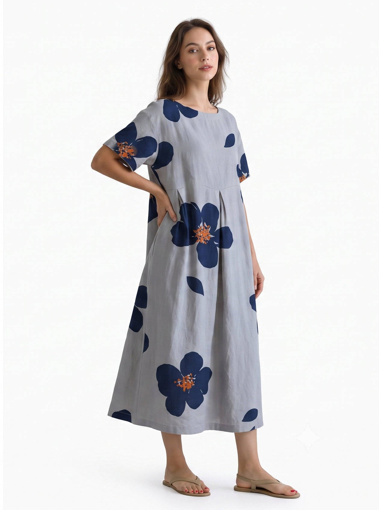 Womens Floral A Line Midi Dress, Short Sleeve Casual Summer Dress
