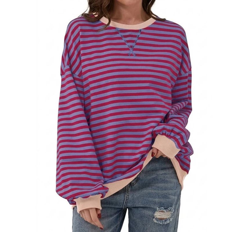 Womens Oversized Striped Crewneck Sweatshirt - Long Sleeve Pullover