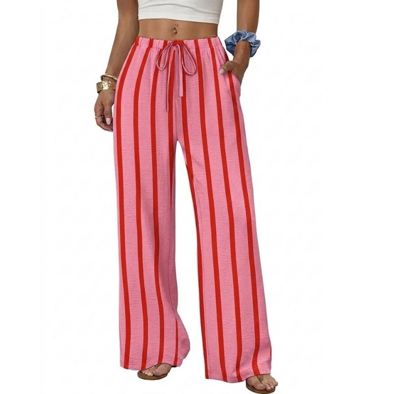 Womens Wide Leg Palazzo Pants, Flowy Drawstring Elastic Waist Trousers with Pockets for Summer, Beach and Vacation Wear