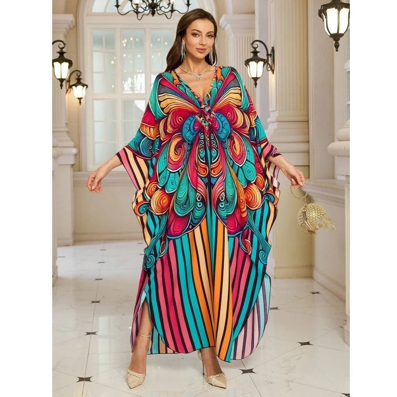 Moomoo Dresses for Women, Plus Size V Neck Batwing Sleeve Floral Kaftan Beach Cover Up Dress