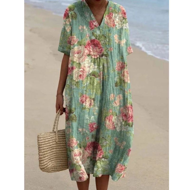 Womens Cotton Maxi Dress, Floral V Neck Short Sleeve Oversized Casual Midi Dress