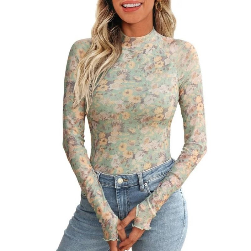Womens Floral Lace Sheer Mesh Top - Slim Fit Lightweight Long Sleeve Top