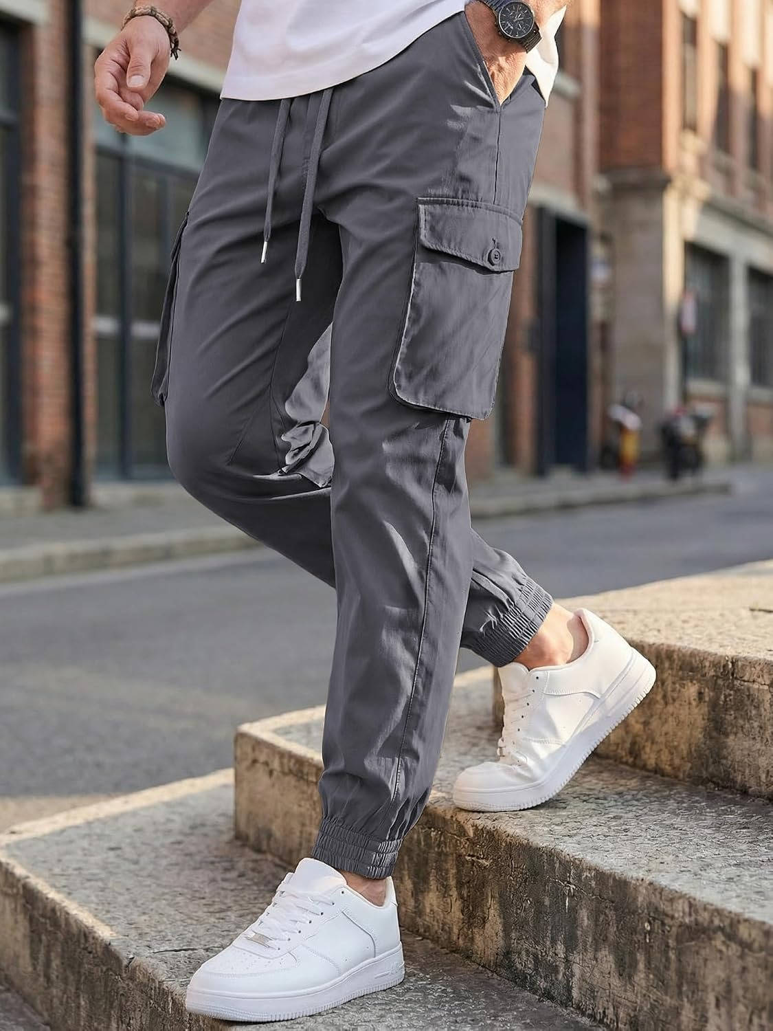 Mens Casual Cargo Jogger Pants, Stretch Elastic Waist Drawstring Tapered Sweatpants with Pockets