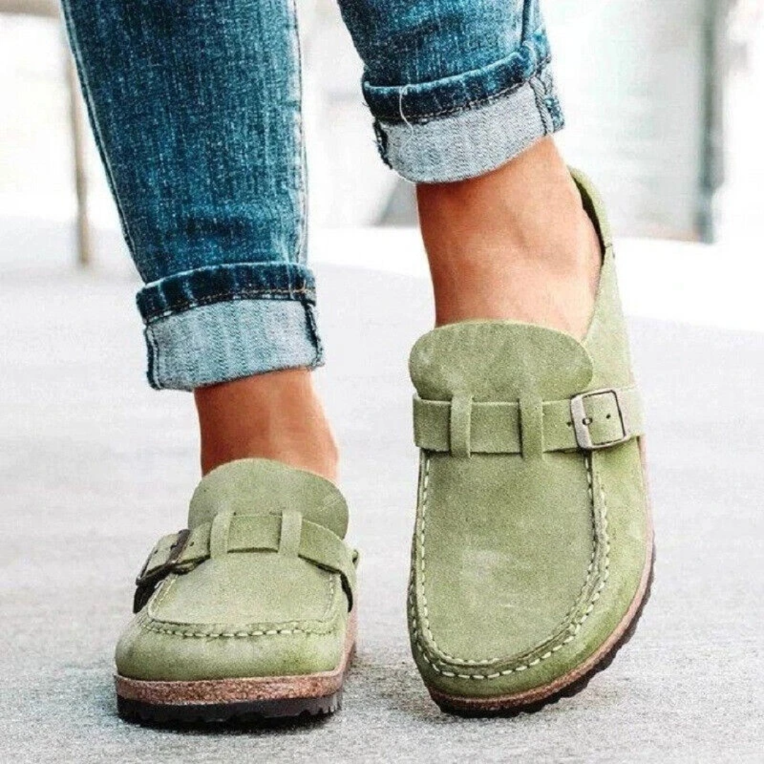 Womens Slip On Loafers with Metal Buckle Accent and Low Block Heel