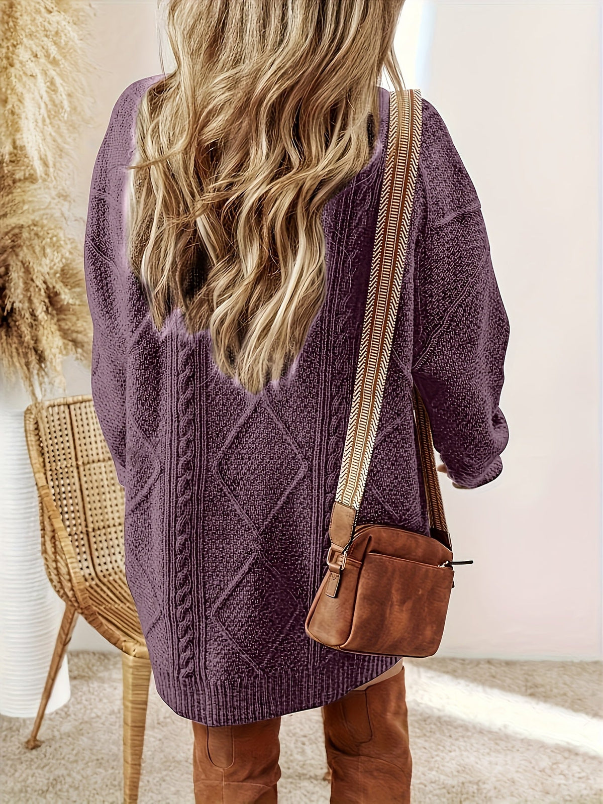 Cable Knit Sweater Dress with Round Neckline and Midi Length Loose Relaxed Fit