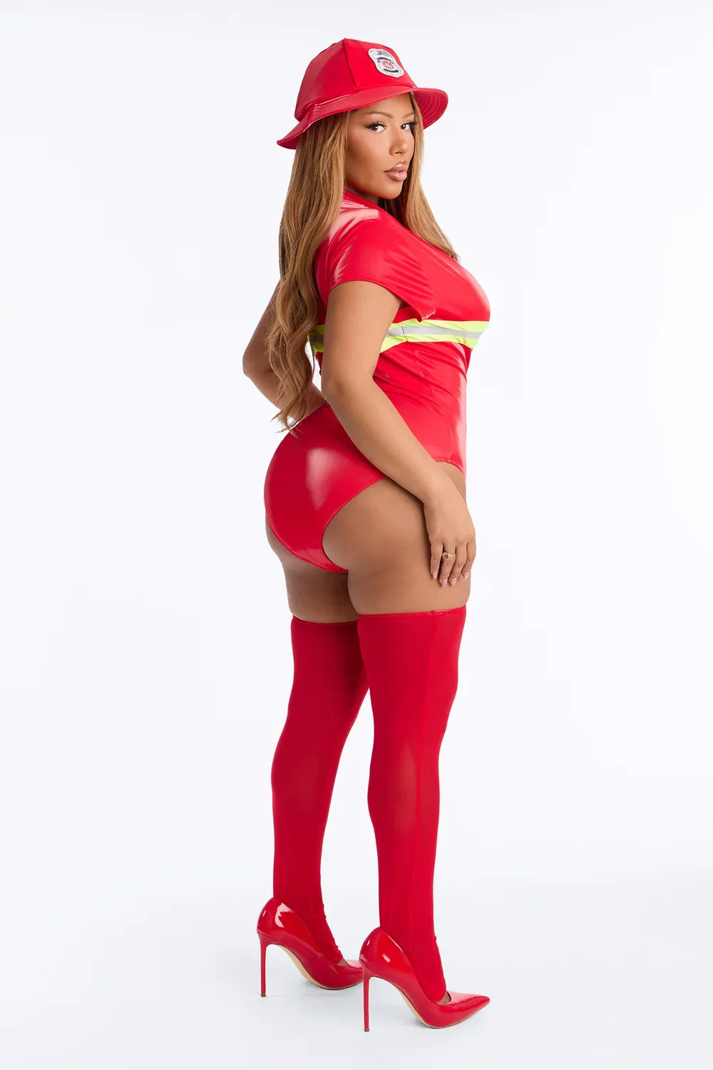 Red Firefighter Costume Set with Bodysuit and Thigh High Stockings, Hat