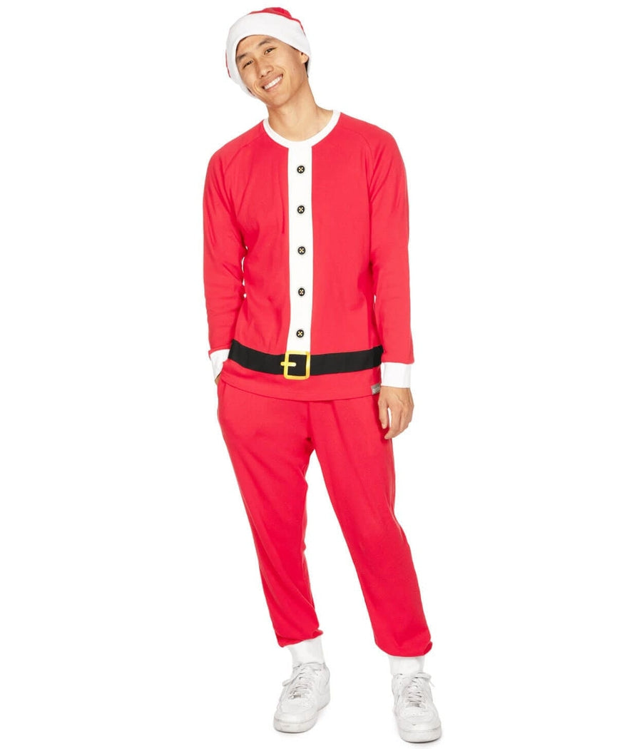 Person wearing a red Santa Claus costume on a white background