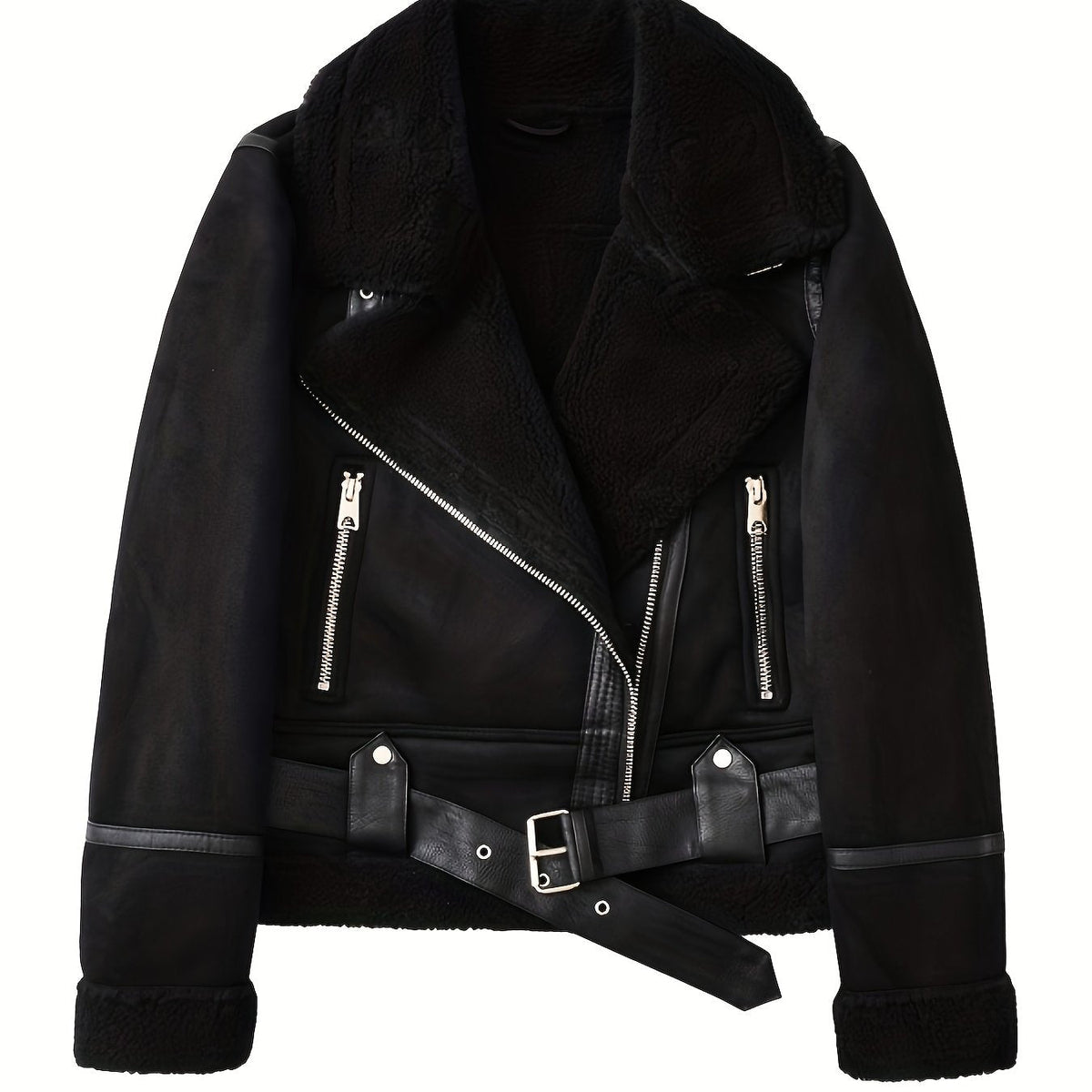 Aviator Jacket with Adjustable Waist Belt and Plush Lined Collar, Zippered Pockets