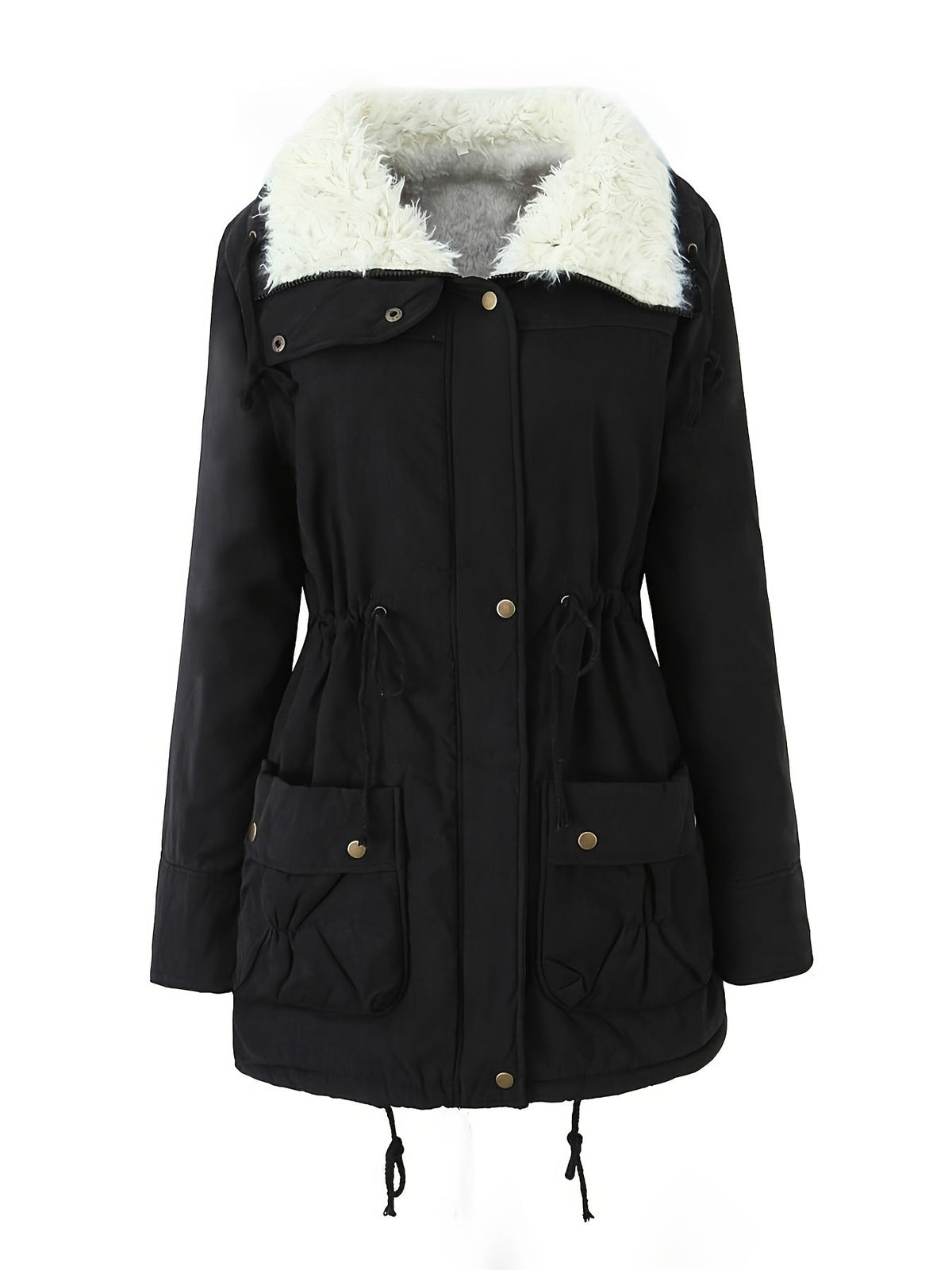 Mid Length Parka with Plush Lining and Adjustable Drawstring, Snap Button Closure