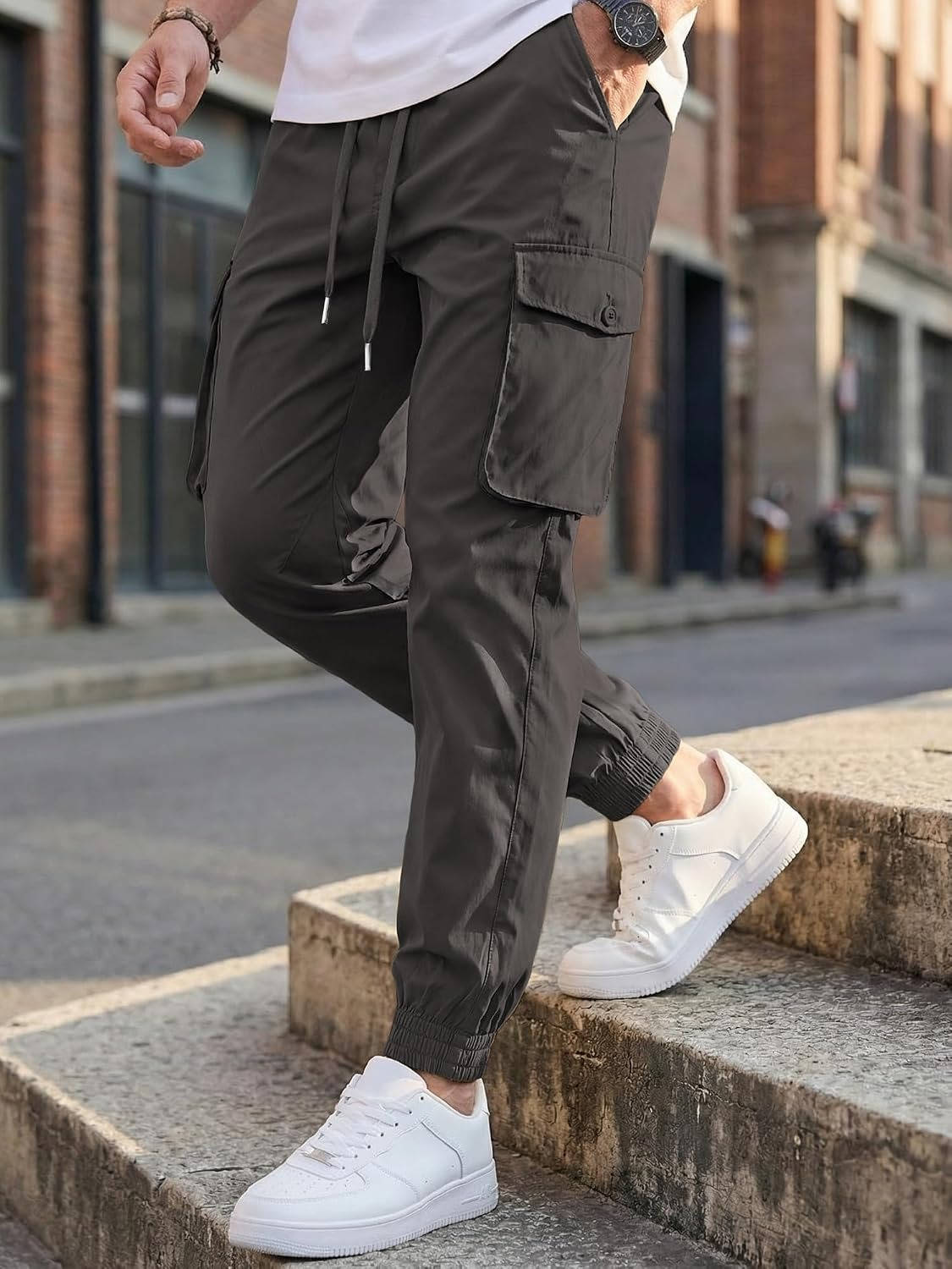 Mens Casual Cargo Jogger Pants, Stretch Elastic Waist Drawstring Tapered Sweatpants with Pockets