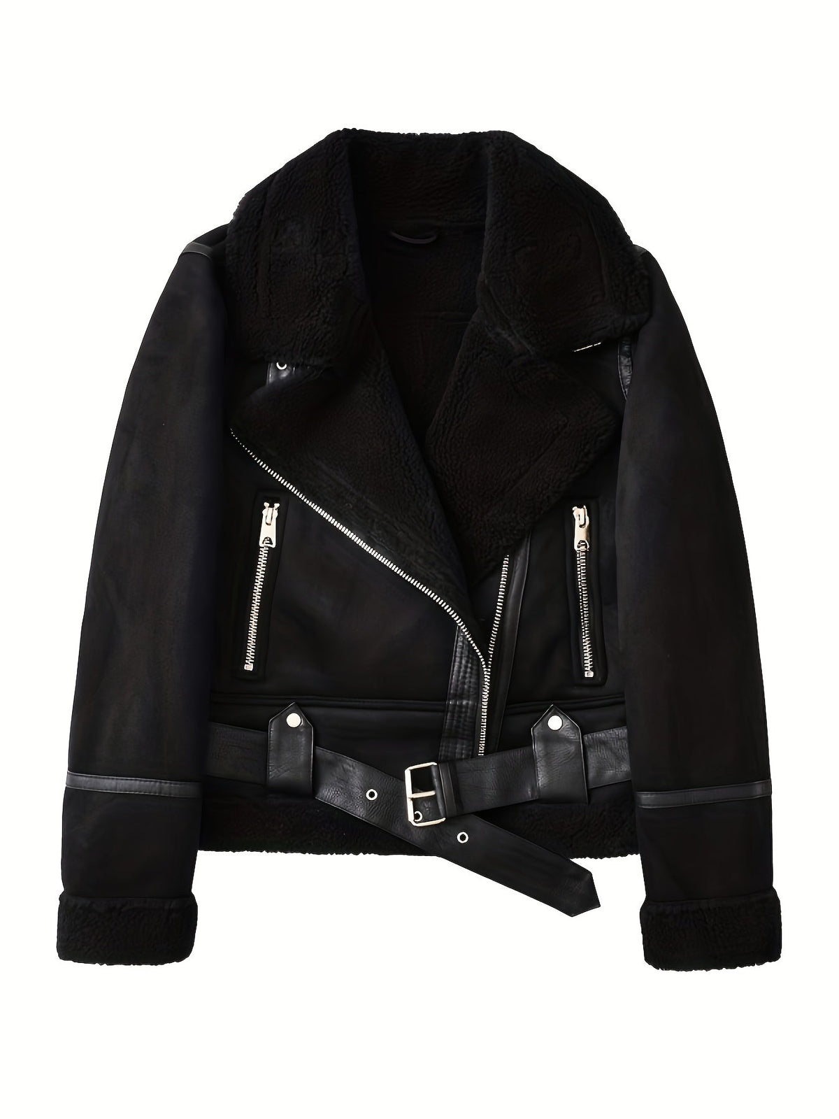 Aviator Jacket with Adjustable Waist Belt and Plush Lined Collar, Zippered Pockets