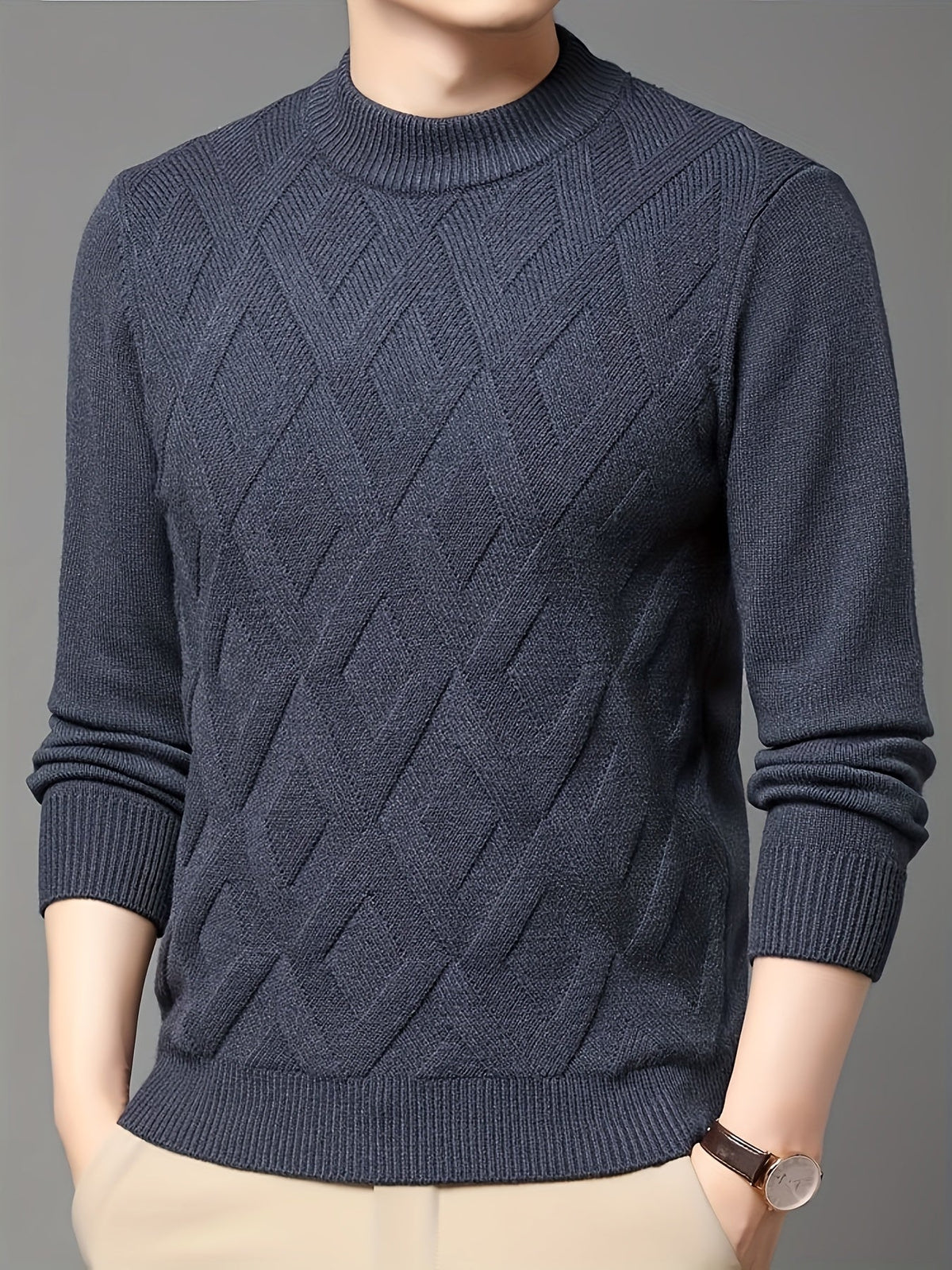 Mock Neck Sweater with Diagonal Knit Texture and Ribbed Collar